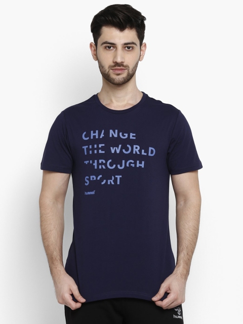 

hummel Men Navy Blue Typography Printed Pure Cotton T-shirt