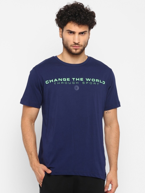 

hummel Men Navy Blue Typography Printed Pure Cotton T-shirt