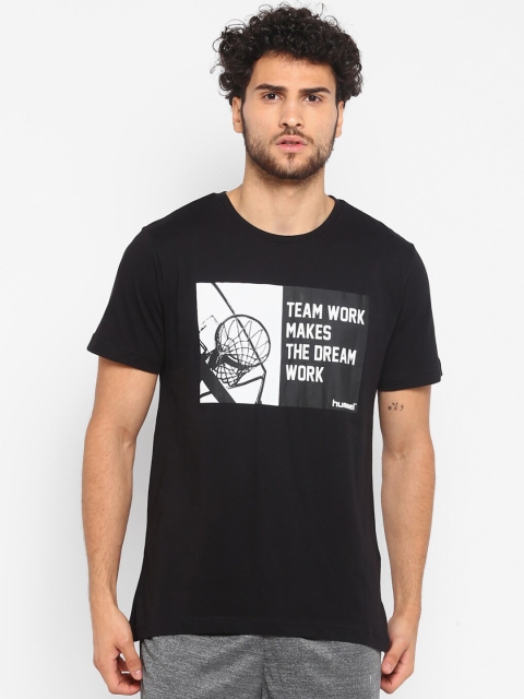 

hummel Men Black Typography Printed V-Neck Pure Cotton Raw Edge T-shirt