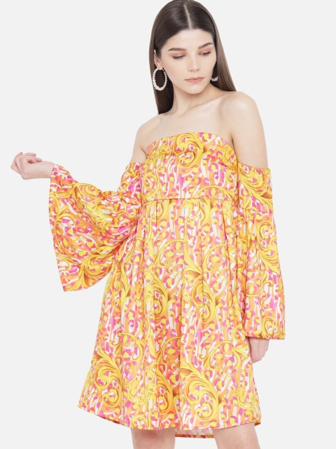 

Samshek Yellow & Pink Floral Off-Shoulder Satin A-Line Dress