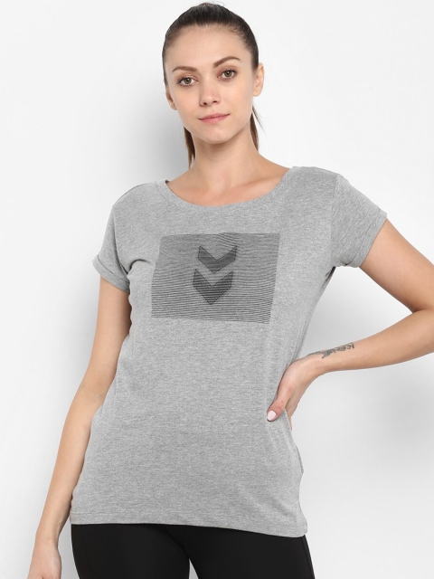 

hummel Women Grey Melange & Black Printed Pure Cotton T-shirt