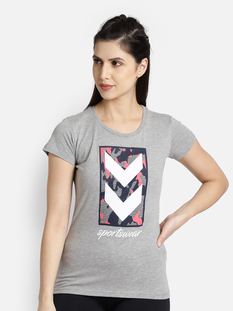 

hummel Women Grey Melange Typography Printed Pure Cotton T-shirt