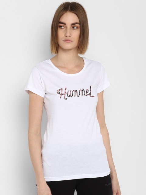 

hummel Women White Printed Sleeves Pure Cotton T-shirt