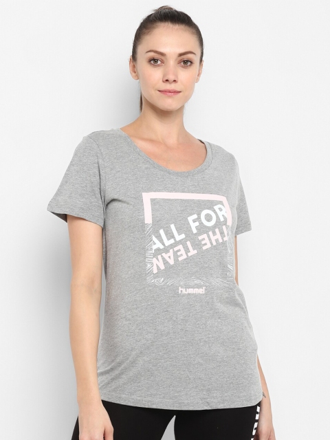 

hummel Women Grey Melange Typography Pure Cotton T-shirt