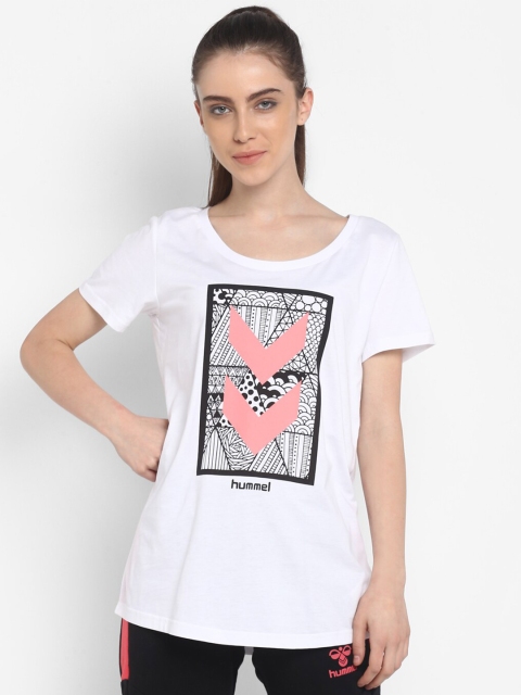

hummel Women White & Pink Printed Pure Cotton T-shirt
