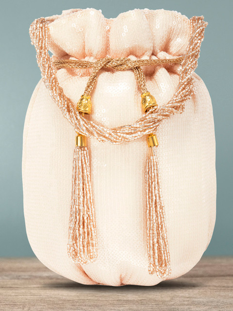 

Peora Cream-Coloured & Gold-Toned Embellished Potli Clutch