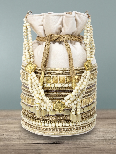 

Peora White & Gold-Toned Embroidered Potli Clutch