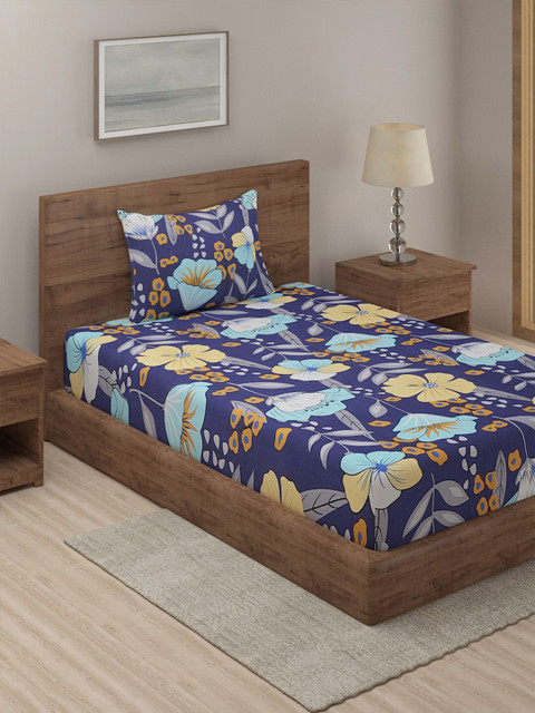 

TAG 7 Blue & Coral Floral 210 TC Single Bedsheet with 1 Pillow Covers