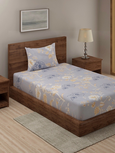 

TAG 7 Grey & Tan Floral Printed 210 TC Single Bedsheet with 1 Pillow Covers