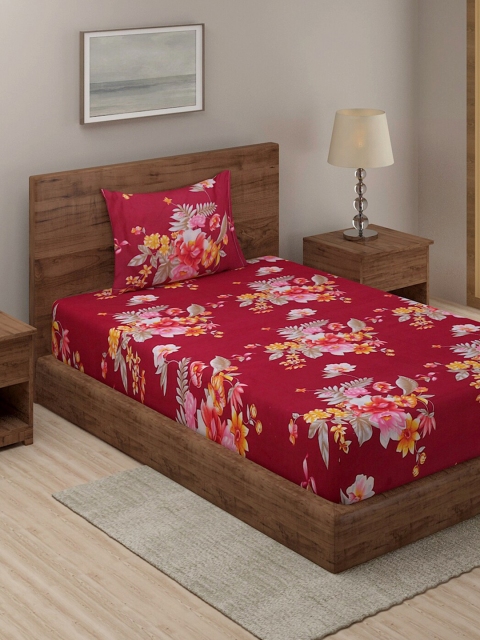 

TAG 7 Maroon & Pink Floral 210 TC Single Bedsheet with 1 Pillow Covers