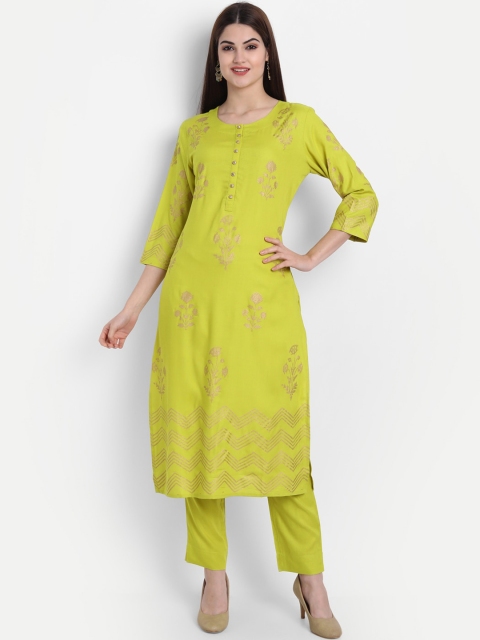 

fabGLOBAL Women Green & Gold-Coloured Hand Block Printed Regular Kurta with Trousers