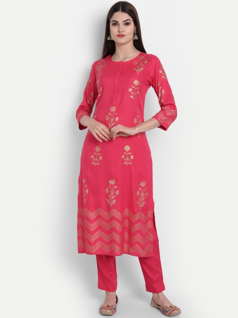 

fabGLOBAL Women Pink & Gold-Toned Floral Printed Regular Kurta with Trousers