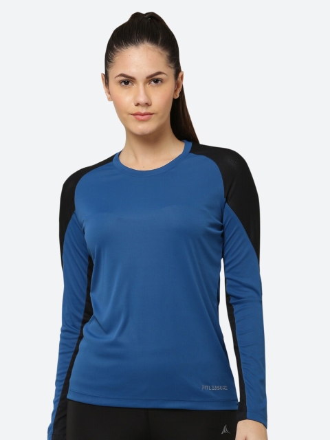 

FITLEASURE Women Teal Blue & Black All Weather Workout T-shirt