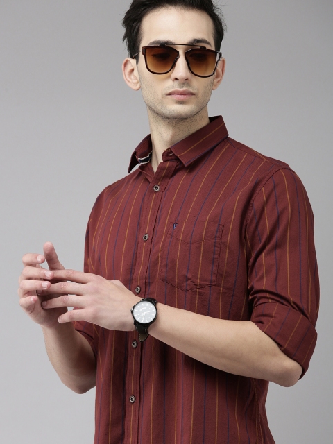 

VAN HEUSEN DENIM LABS Men Rust Brown & Blue Slim Fit Striped Casual Shirt