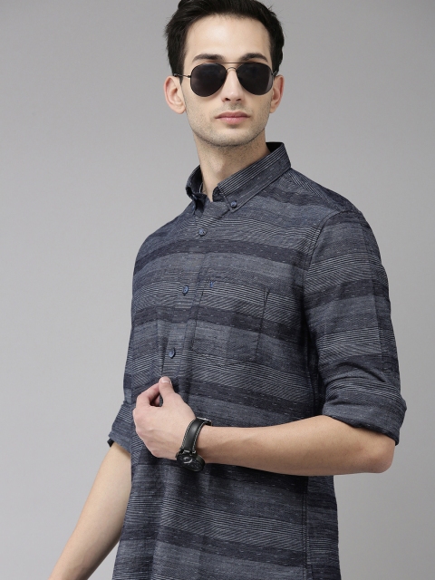 

VAN HEUSEN DENIM LABS Men Navy Blue Slim Fit Horizontal Striped Casual Shirt