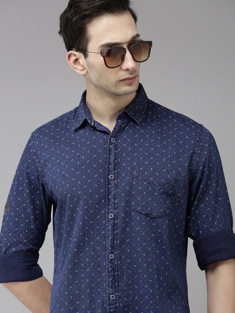 

VAN HEUSEN DENIM LABS Men Navy Blue Printed Slim Fit Pure Cotton Casual Shirt