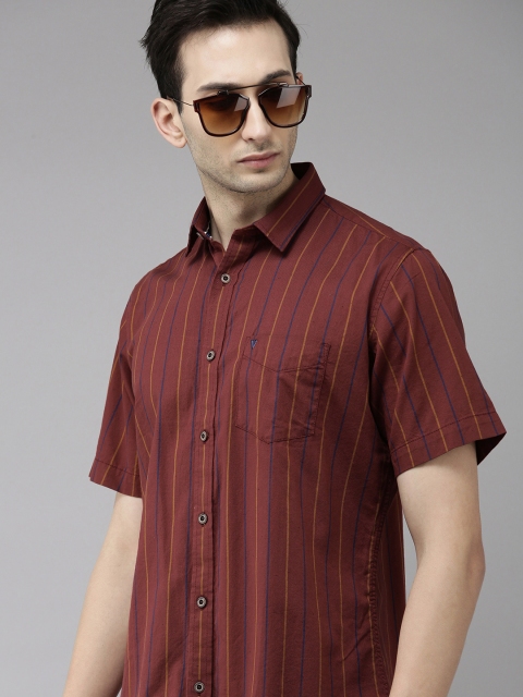 

VAN HEUSEN DENIM LABS Men Rust Red & Blue Slim Fit Striped Casual Shirt