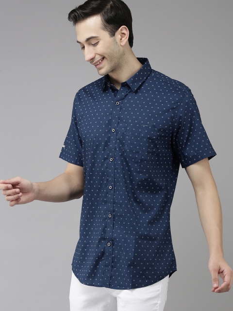 

VAN HEUSEN DENIM LABS Men Navy Blue & White Slim Fit Printed Pure Cotton Casual Shirt