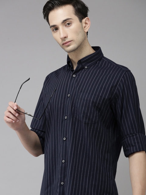 

VAN HEUSEN DENIM LABS Men Navy Blue Striped Slim Fit Pure Cotton Casual Shirt