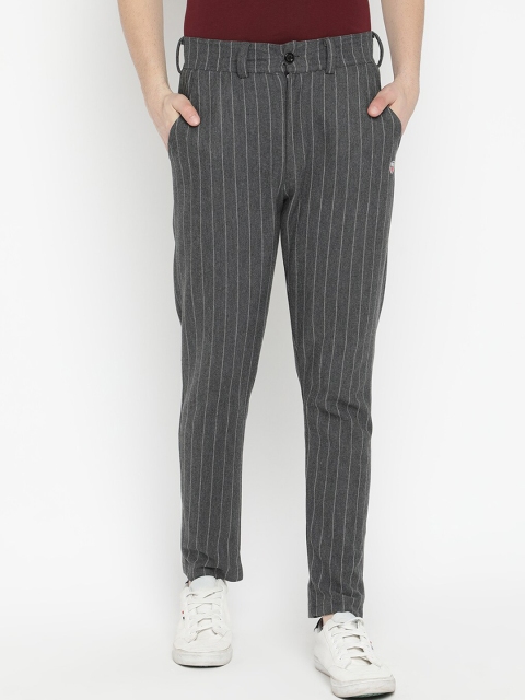 

V2 Value & Variety Men Grey & White Striped Slim Fit Cotton Trousers