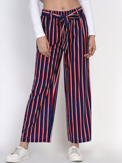 

Texco Women Navy Blue Striped Smart Easy Wash Parallel Trousers