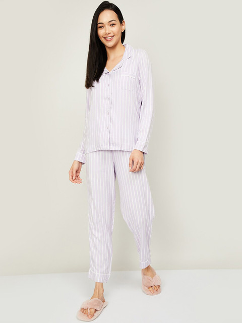 

Ginger by Lifestyle Women Purple & White Striped Night Suit