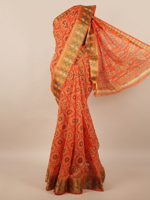 

Pothys Orange & Gold-Toned Floral Printed Zari Saree