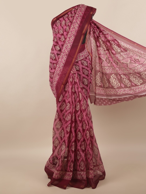 

Pothys Pink & White Ethnic Motifs Zari Border Saree