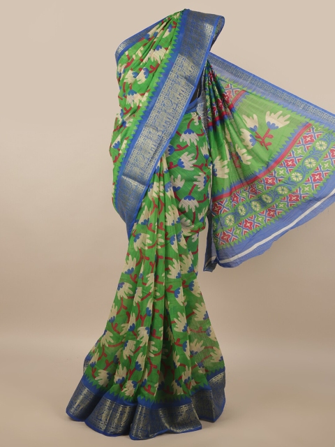 

Pothys Green & Silver-Toned Floral Printed Zari Border Saree