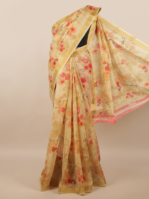 

Pothys Cream-Coloured & Pink Floral Printed Zari Saree