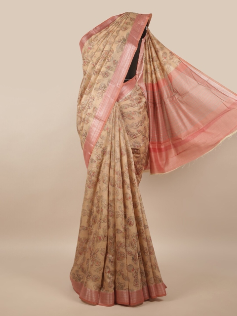 

Pothys Cream-Coloured & Pink Floral Printed Zari Saree