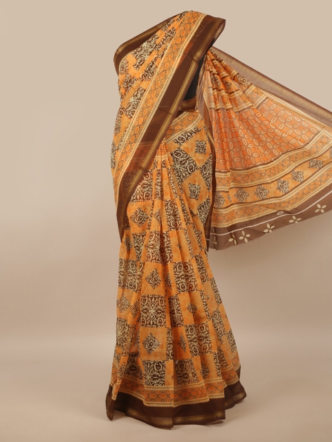 

Pothys Orange & Brown Floral Printed Zari Border Saree