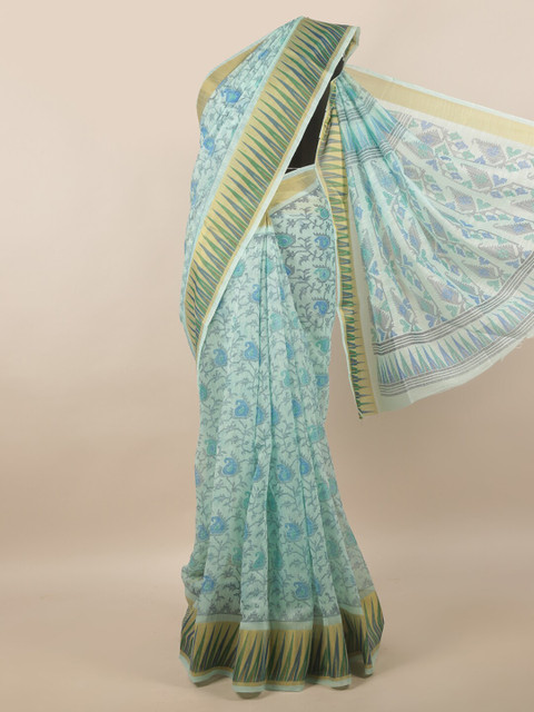 

Pothys Blue & Gold-Toned Floral Printed Zari Border Saree