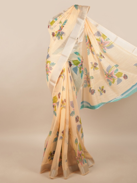 

Pothys Peach-Coloured & Green Floral Printed Cotton Blend Saree