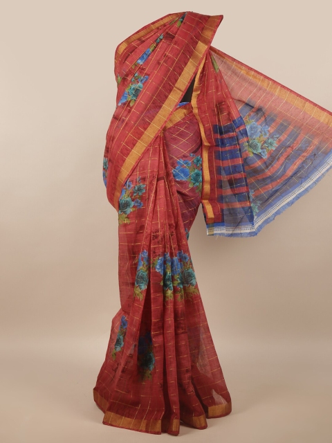 

Pothys Rust & Blue Floral Printed Zari Border Saree