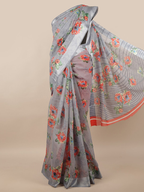 

Pothys Grey & Pink Floral Printed Saree