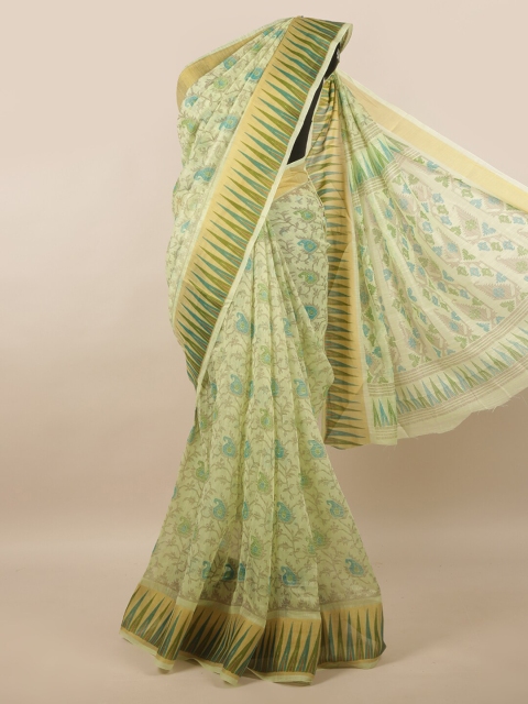 

Pothys Green & Gold-Toned Floral Printed Zari Border Saree