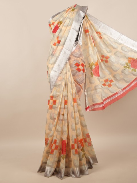 

Pothys Peach-Coloured & Silver-Toned Floral Zari Saree