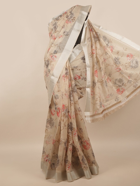 

Pothys Cream-Coloured & Silver-Toned Floral Printed Zari Saree