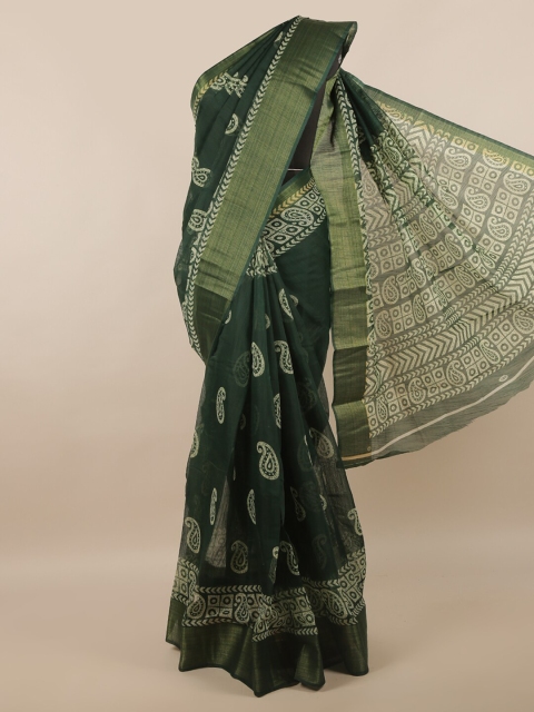 

Pothys Green & Gold-Toned Paisley Printed Zari Border Saree