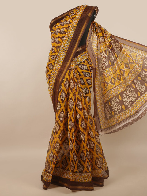 

Pothys Mustard Yellow & Brown Ethnic Motifs Printed Zari Saree