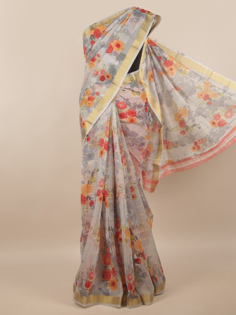 

Pothys Grey & Orange Floral Zari Saree