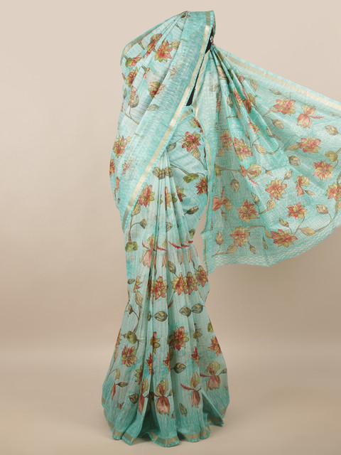 

Pothys Sea Green & Brown Floral Printed Zari Saree