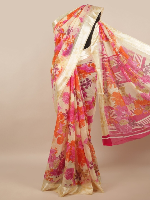 

Pothys Cream-Coloured & Orange Floral Printed Saree