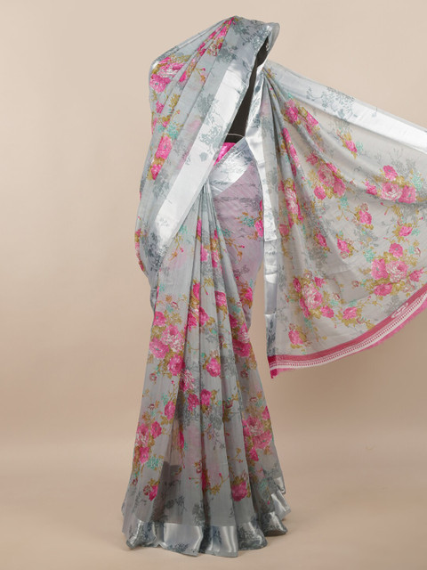 

Pothys Grey & Silver-Toned Floral Printed Zari Border Saree