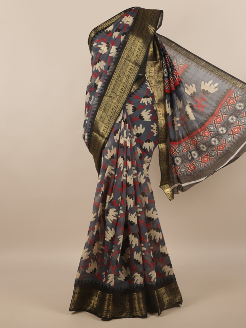 

Pothys Grey & Gold-Toned Floral Woven Design Zari Border Saree
