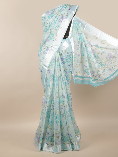 

Pothys Green & Silver-Toned Floral Printed Zari Saree