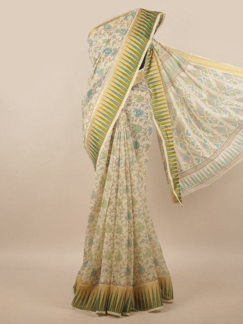 

Pothys Cream-Coloured & Green Ethnic Motifs Printed Saree