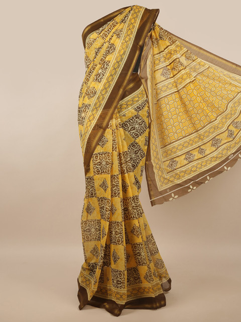 

Pothys Yellow & Brown Floral Printed Zari Saree