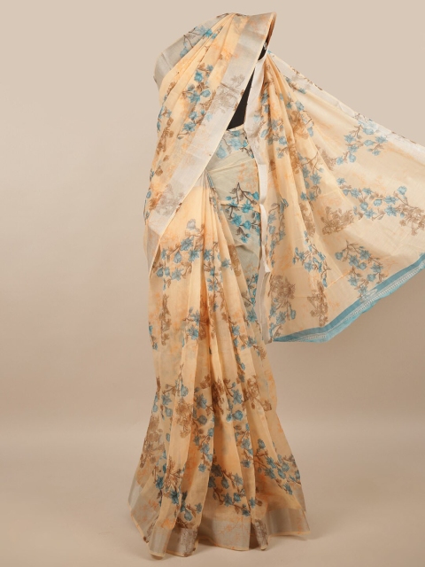 

Pothys Peach-Coloured & Blue Floral Printed Zari Saree